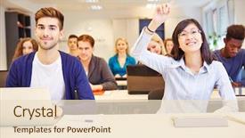  Presentation with asian - Presentation design consisting of hand in a university classroom background and a lemonade colored foreground