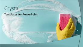  Presentation with banner blue - Presentation design having hand-in-a-yellow-rubber background and a light blue colored foreground