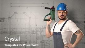  Presentation with worker - PPT theme featuring hand in front of technical background and a  colored foreground