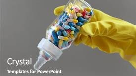  Presentation with bottle - Theme consisting of hand in glove holding feeding background and a gray colored foreground