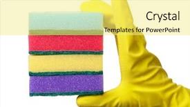  Presentation with sponges - PPT theme having hand in glove holding few washing sponges - amount of housework concept isolated over white background and a yellow colored foreground
