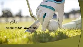  Presentation with golf - Amazing PPT theme having golfball - hand in glove placing golf backdrop and a yellow colored foreground