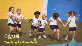  Presentation with hand to hand - Colorful presentation design enhanced with hand in hand in schoolyard backdrop and a tawny brown colored foreground