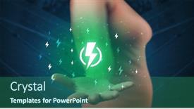  Presentation with lightning - Theme with hand in suit holding lightning bolt on his hand green environment concept background and a ocean colored foreground