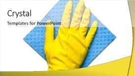  Presentation with sponges - Slides having hand in yellow glove with sponges isolated on white background background and a white colored foreground