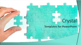  Presentation with puzzle green - Cool new presentation design with hand inserting missing piece backdrop and a seafoam green colored foreground