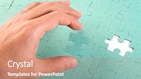  Presentation with puzzle green - PPT theme with hand inserting missing piece of green jigsaw puzzle into the hole background and a coral colored foreground