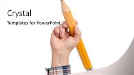  Presentation with hand holding pencil - Audience pleasing slides consisting of hand is holding big pencil backdrop and a white colored foreground