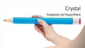  Presentation with hand holding pencil - Colorful presentation design enhanced with purple outrigger canoe on sandy backdrop and a light gray colored foreground.