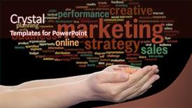  Presentation with marketing strategy - Audience pleasing slides consisting of hand isolated on background metaphor backdrop and a wine colored foreground