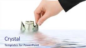  Presentation with ship - Presentation featuring hand launching money ship isolated background and a sky blue colored foreground