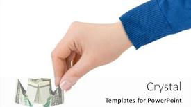  Presentation with ship engineering - Slide deck with hand launching money ship isolated on white background background and a white colored foreground