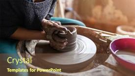  Presentation with ceramics - Slide deck with hand made ceramics are formed by a young woman on a potters wheel background and a tawny brown colored foreground