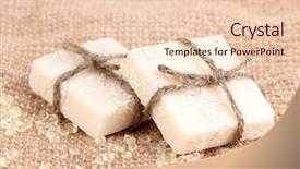  Presentation with hand soap - Slides featuring hand-made herbal soap on sackcloth background and a lemonade colored foreground