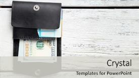 Presentation with leather - Audience pleasing PPT layouts consisting of hand made leather man wallet with money on white wooden background backdrop and a light gray colored foreground