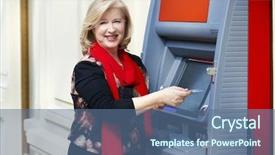  Presentation with bank teller - Cool new slide set with hand near automated teller backdrop and a ocean colored foreground
