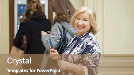  Presentation with machine shop - Colorful slide set enhanced with hand near automated teller backdrop and a coral colored foreground