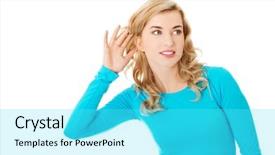  Presentation with listening woman - Colorful slides enhanced with hand next to her ear backdrop and a  colored foreground