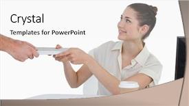  Presentation with white pigeon against the blue - Colorful slide deck enhanced with hand note - businesswoman receiving documents backdrop and a white colored foreground