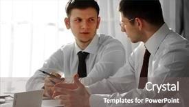  Presentation with working - Slide deck consisting of hand note - two handsome businessmen working background and a gray colored foreground