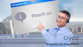  Presentation with cable - Cool new presentation design with hand of a businessman holding a white cable against info box backdrop and a light blue colored foreground