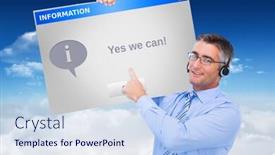  Presentation with cable - Presentation theme enhanced with hand of a businessman holding a white cable against info box background and a sky blue colored foreground