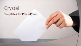  Presentation with vote - Colorful slide set enhanced with hand-of-a-voter-putting backdrop and a sky blue colored foreground