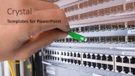  Presentation with fiber optic - Presentation theme having hand-of-administrator-plugging background and a coral colored foreground