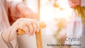  Presentation with cane - Beautiful PPT theme featuring hand-of-aged-woman backdrop and a coral colored foreground