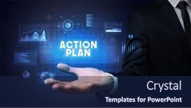 Presentation with action plan - Presentation theme consisting of hand of businessman holding action plan inscription business success concept background and a navy blue colored foreground