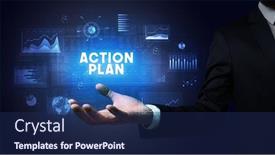  Presentation with action plan - Amazing slide deck having hand-of-businessman-holding-action backdrop and a navy blue colored foreground