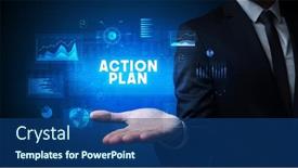  Presentation with action plan - Colorful theme enhanced with hand-of-businessman-holding-action backdrop and a ocean colored foreground