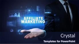 Presentation with affiliate marketing - Audience pleasing slides consisting of hand-of-businessman-holding-affiliate backdrop and a navy blue colored foreground