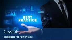  Presentation with best practice - Beautiful PPT theme featuring hand-of-businessman-holding-best backdrop and a ocean colored foreground