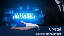  Presentation with engagement - PPT theme having hand-of-businessman-holding-customer background and a navy blue colored foreground