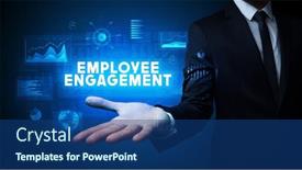  Presentation with employee engagement - PPT theme with hand-of-businessman-holding-employee background and a ocean colored foreground