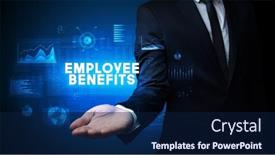  Presentation with employee benefits - Amazing slide deck having hand-of-businessman-holding-employee backdrop and a navy blue colored foreground