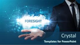  Presentation with foresight - Amazing PPT theme having hand of businessman holding foresight inscription successful business concept backdrop and a ocean colored foreground