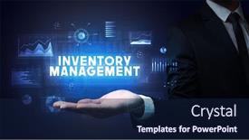  Presentation with inventory - Beautiful PPT theme featuring hand-of-businessman-holding-inventory backdrop and a navy blue colored foreground