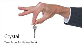  Presentation with trophy award hand holding - PPT theme with hand of businessman holding key background and a white colored foreground