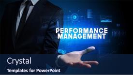  Presentation with performance management - Colorful slide deck enhanced with hand-of-businessman-holding-performance backdrop and a navy blue colored foreground