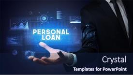  Presentation with business loan - Colorful presentation design enhanced with hand-of-businessman-holding-personal backdrop and a navy blue colored foreground