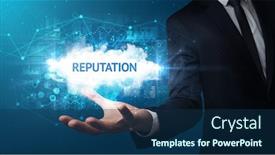  Presentation with reputation - Presentation theme featuring hand-of-businessman-holding-reputation background and a navy blue colored foreground