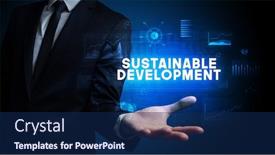  Presentation with sustainable development - PPT layouts consisting of hand-of-businessman-holding-sustainable background and a navy blue colored foreground