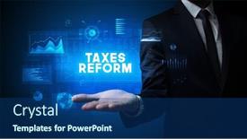  Presentation with reform - Theme featuring hand-of-businessman-holding-taxes background and a ocean colored foreground