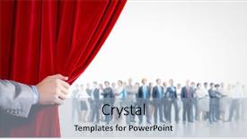  Presentation with curtain opening - Audience pleasing slide deck consisting of hand of businessman opening red backdrop and a light blue colored foreground