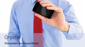  Presentation with smartphone - PPT layouts consisting of hand-of-businessman-showing-smartphone and a light blue colored foreground