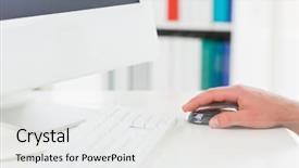  Presentation with computer - Cool new PPT theme with hand of businessman using mouse of computer in his office backdrop and a white colored foreground