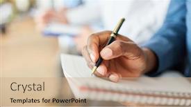  Presentation with writing pen - Amazing PPT theme having hand-of-businessman-using-pen backdrop and a coral colored foreground