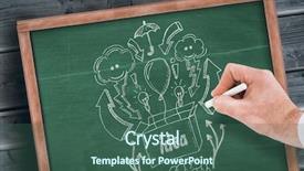  Presentation with chalk board - Slide deck consisting of hand of businessman writing with a white chalk against blackboard with copy space on wooden board background and a ocean colored foreground